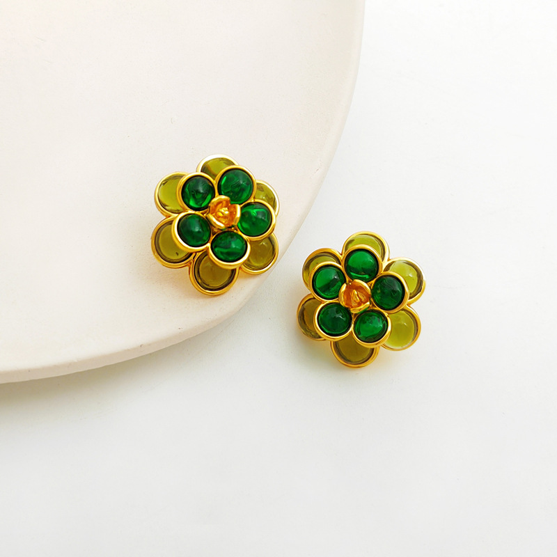 Copper Gold Plated Silver Post Vintage Green Flower Stud Earrings