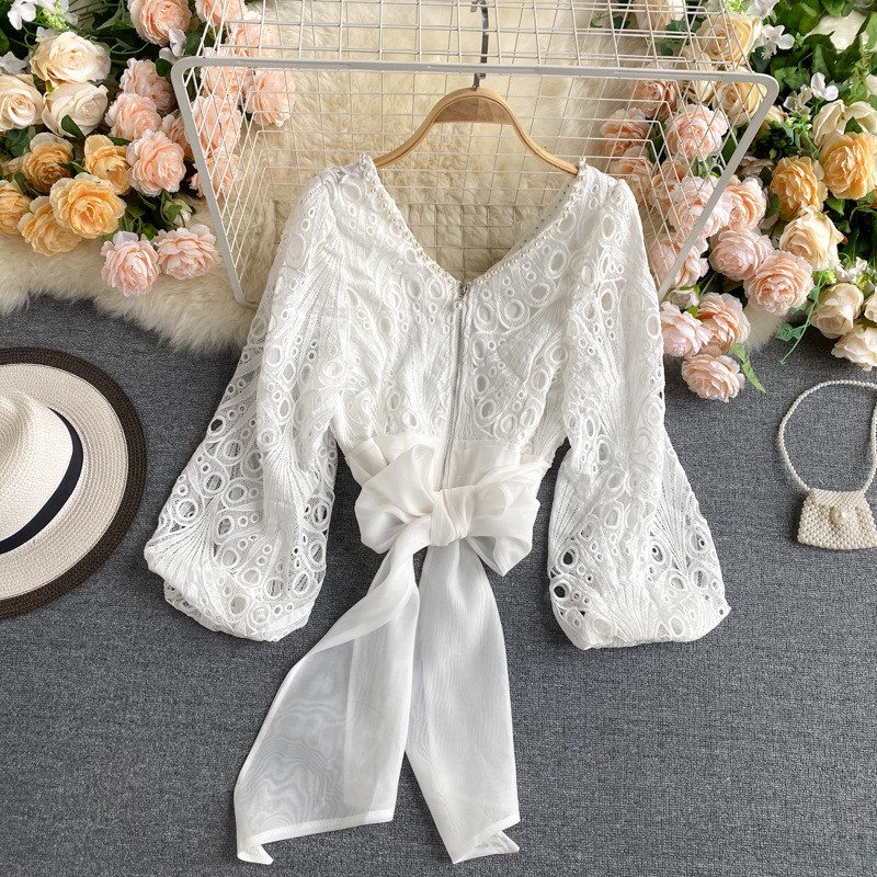 Title 2, Jacket Female Hollow Lace Puff Sleeve Tie Waist...