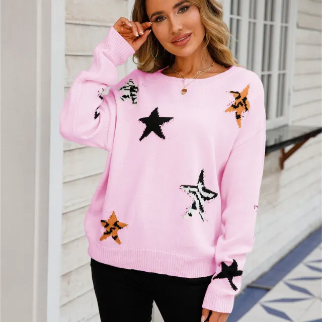 Women's Round neck Long Sleeve Knitted Pullover Sweater Pink - Shop at LoveMi