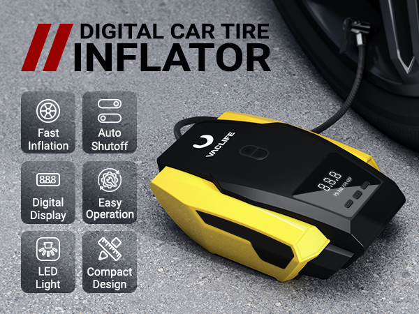 Portable air compressor tire inflator for car tires and bicycles, with LED light and digital pump option.