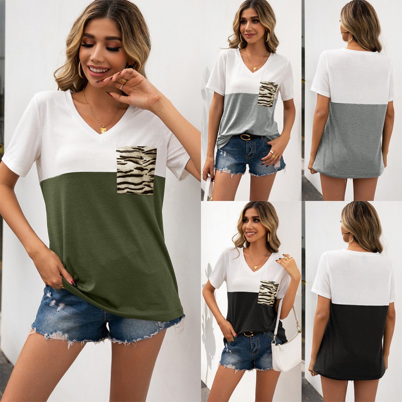 Casual V-neck Leopard Print Pocket Contrast Color Loose Short-sleeved T-shirt