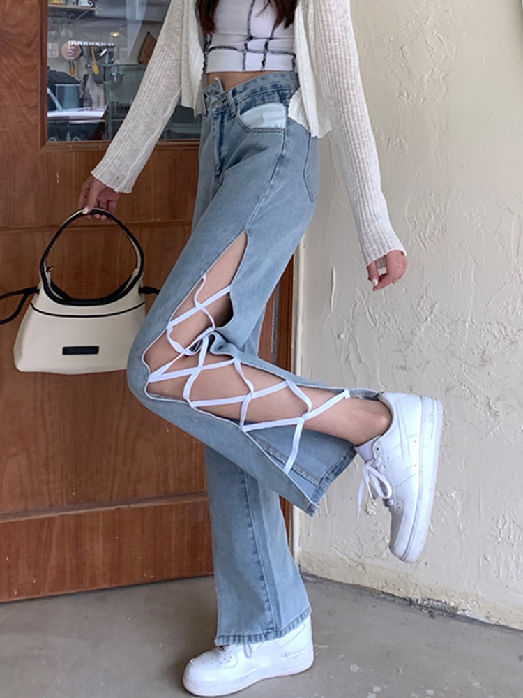 Side Slit Irregular High Waist Strappy Jeans Women's Spring Korean Style