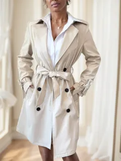 Women's Apricot Solid Colour Lapel Neck Long-Sleeved Suspenders Double-Breasted - White - View 1