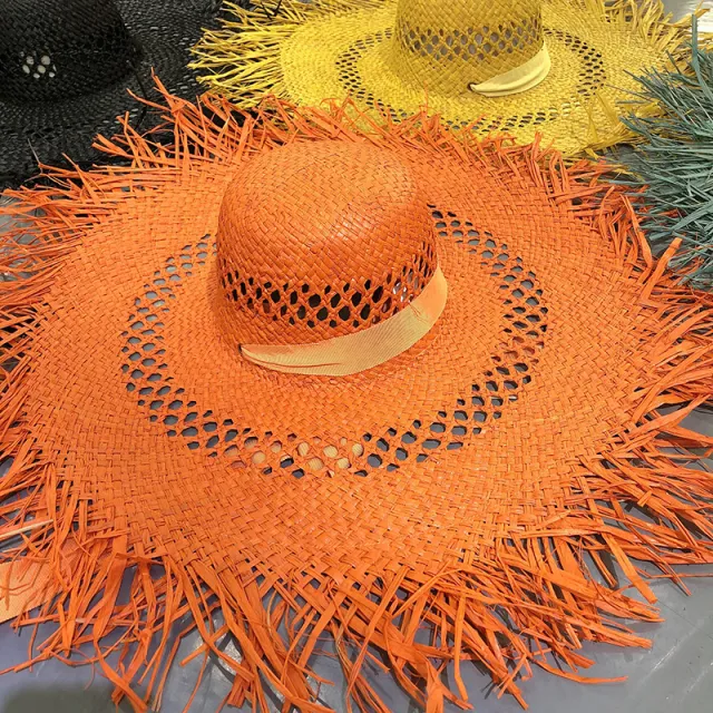 Tassel Big Brim Raffia Hat Colorful Sunshade Orange - Shop at LoveMi