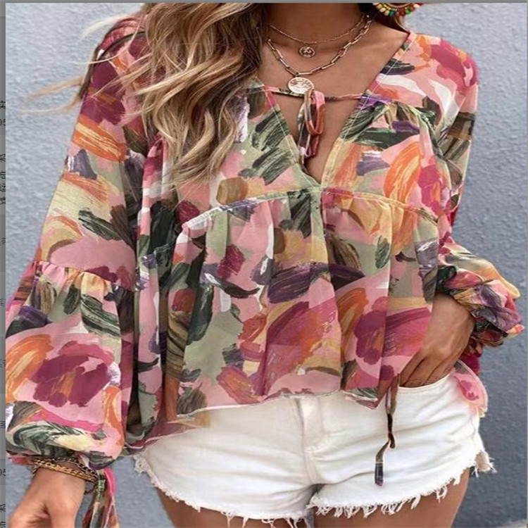 V-neck Tie Ruffled Loose Bat Chiffon Shirt