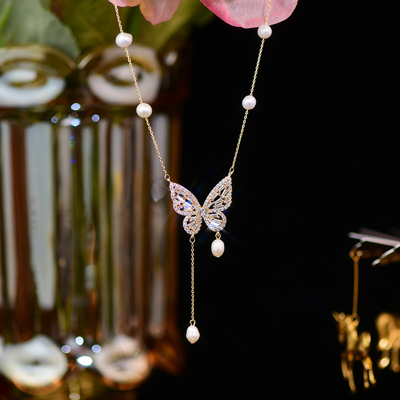 Real Gold Electroplated Freshwater Pearl Micro-inlaid Zircon Butterfly Tassel Necklace