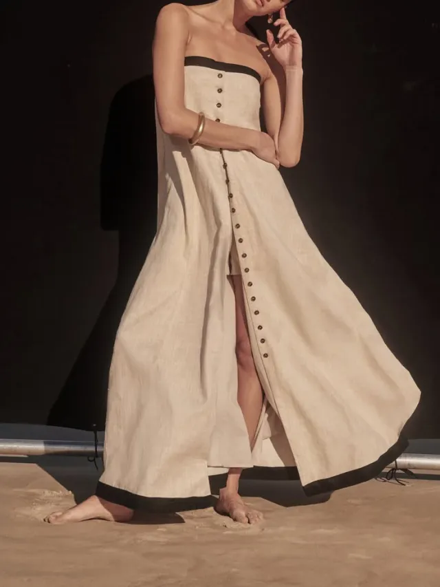 Linen Bandeau Long Top & Shorts Two piece Set Apricot - Shop at LoveMi