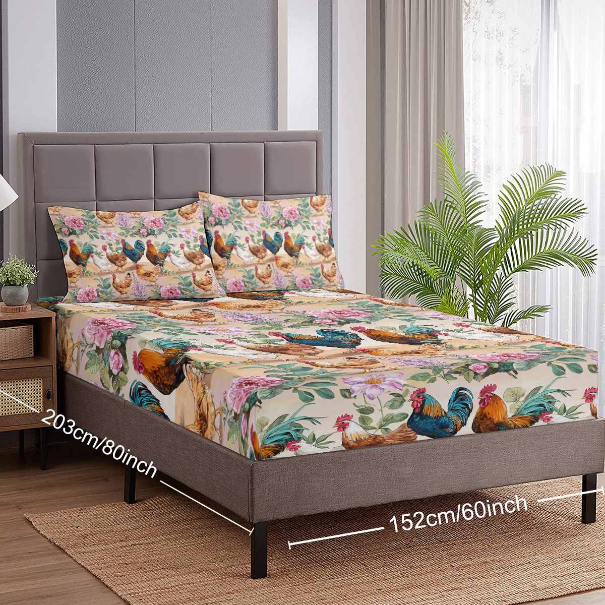 Hen Rooster Print Bed Sheet Set Farmhouse Animals Fitted Sheet, Room Decor Chicken Bedding Set Floral Rose Pattern Bed Cover 3Pcs