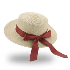 Women's Summer Bow Ribbon Flat Brim Straw Hat - Beige - View 1