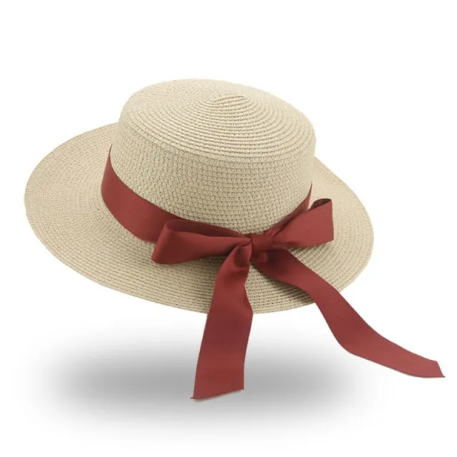Women's Summer Bow Ribbon Flat Brim Straw Hat Beige - Shop at LoveMi
