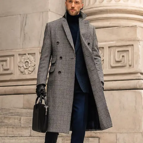 Full Wool Suit Collar Medium Length Double Breasted Checked