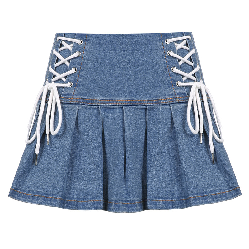 Net Red Hot Girl Lace Slim Denim High Waist Pleated Skirt Female