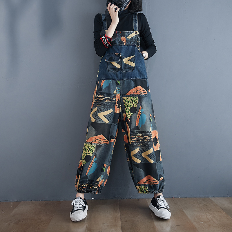 Autumn Literary Large Size Printed Jeans With Overalls