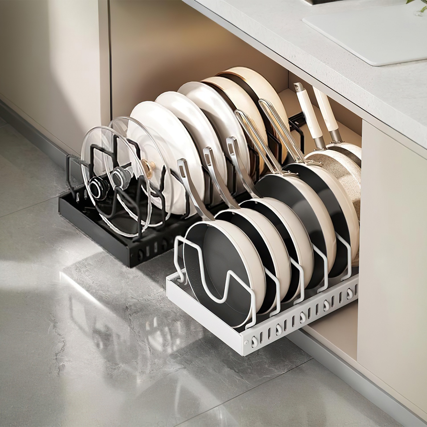 1Pc Pull Out Pots And Pans Organizer Under Cabinet With 8 Adjustable Dividers Rustproof Carbon Steel Sliding Pots Holder For Kitchen Cookware Bakeware Pots Lids Storage