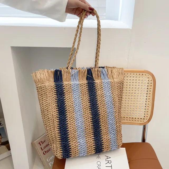 Woven Stripes Simple Beach Style Tote Bag Khaki - Shop at LoveMi