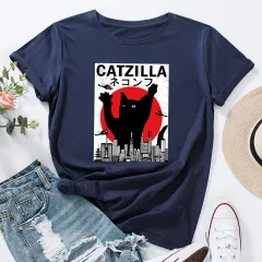 Casual Loose Round Neck Cotton Short-sleeved T-shirt - Navy Blue - View 1