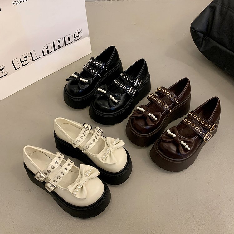 Sponge Cake Single Shoe, Thick Sole, Double Buckle Strap, Small, Shallow Mouth, Bow, Mary Jane Shoes