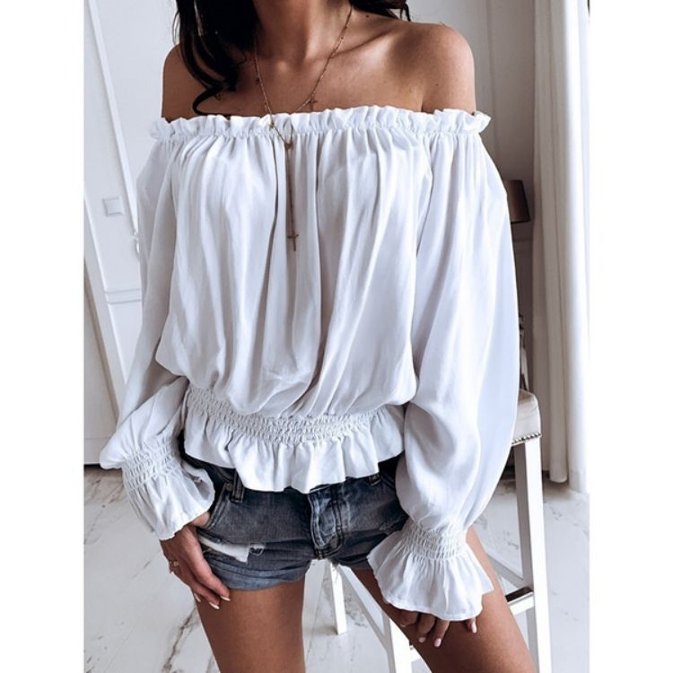 Title 4, Slim Casual One-line Collar Off-shoulder Solid ...