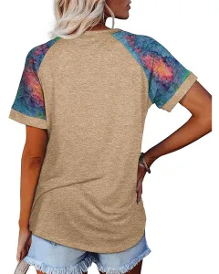 Camouflage Print Round Neck Short Sleeve T Shirt Top Women - Khaki - View 1