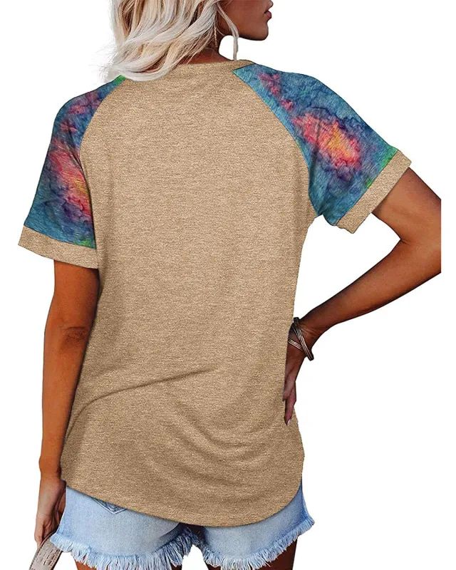 Camouflage Print Round Neck Short Sleeve T Shirt Top Women Khaki - Shop at LoveMi