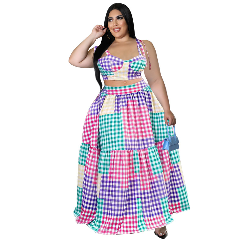 Spring Irregular Plaid Suspender Skirt Suit