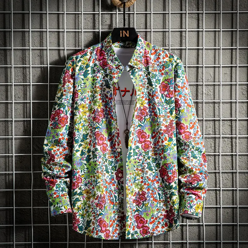 Young Men's New Printed Casual Long-sleeved Floral Shirt