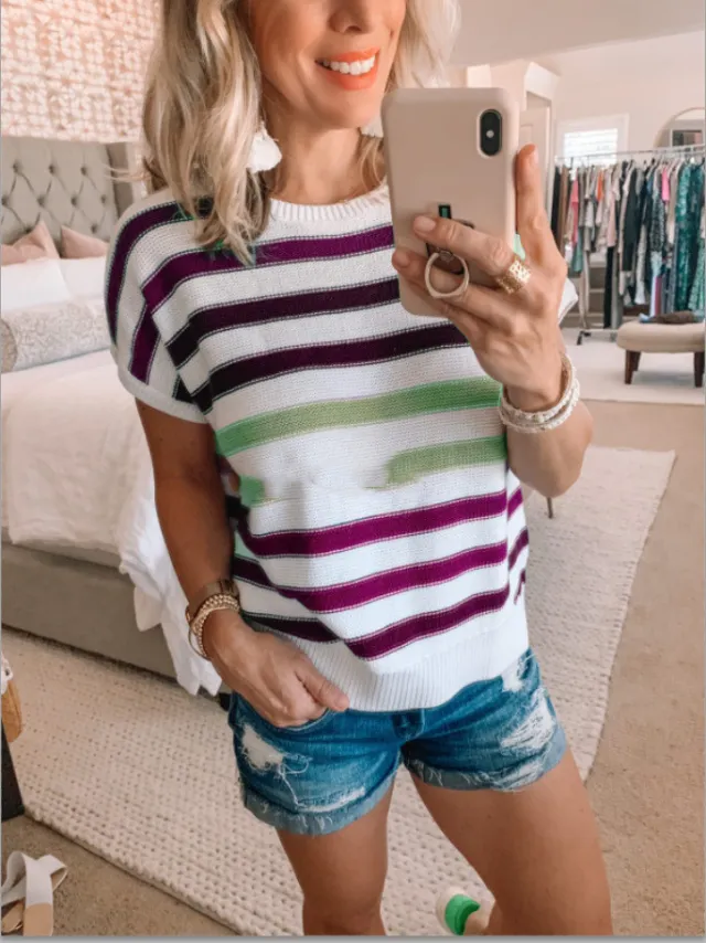 Summer Women's Suspender Knitted Sweater Stitching Short Sleeve T Shirt Purple - Shop at LoveMi