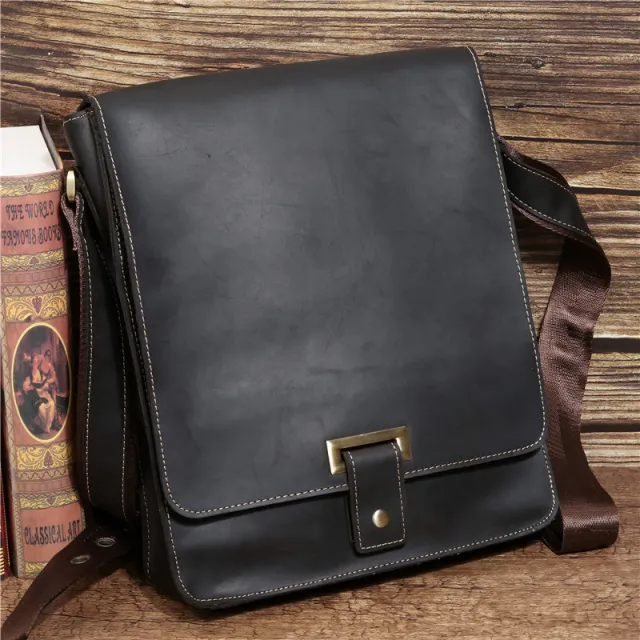 Retro Crazy Horse Leather Men's Shoulder Messenger Bag Black - Shop at LoveMi