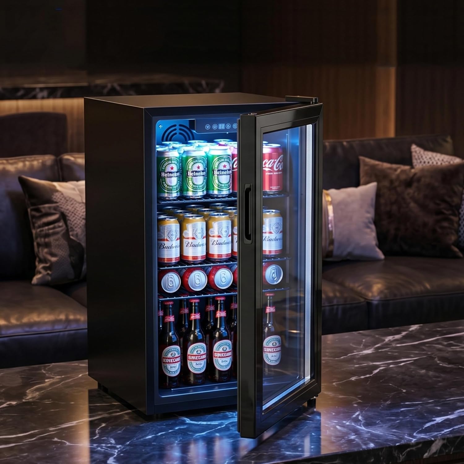 3.3 Cu Ft Beverage Refrigerator, 126 Can Mini Fridge With Glass Door, Digital Temperature Control, Quiet Beverage Cooler Fridge For Beer Soda Wine, Air Cooling For Home Office Bar