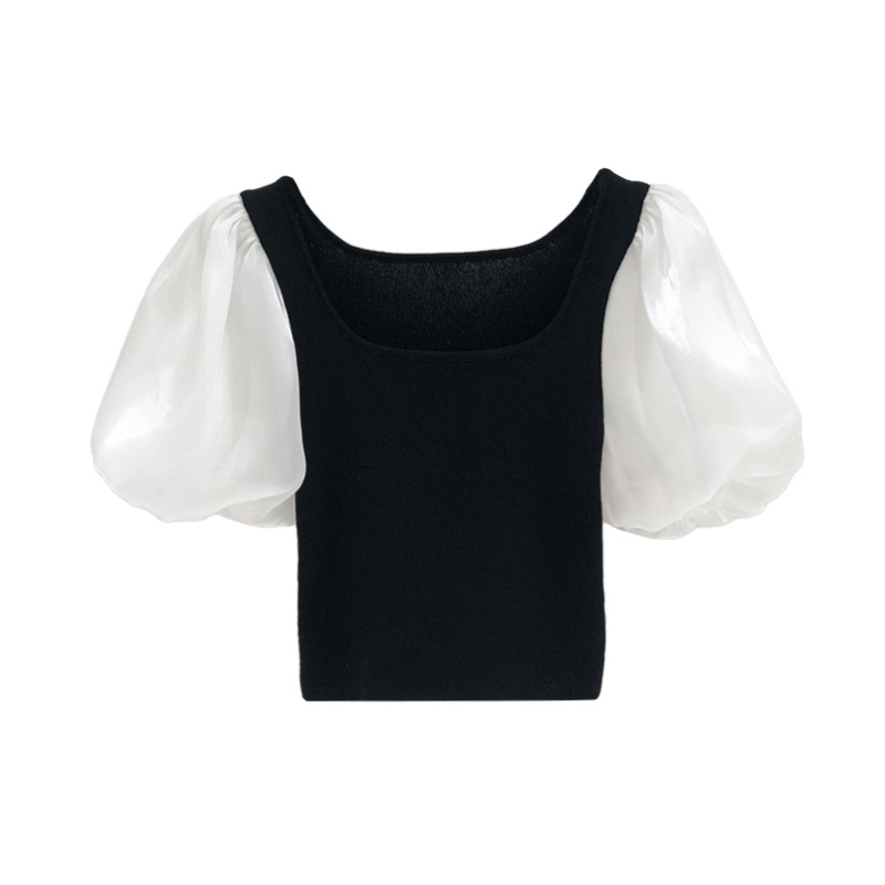 Women's Korean Style French Hepburn Style Colorblock Puff Sleeve Knitted Sweater