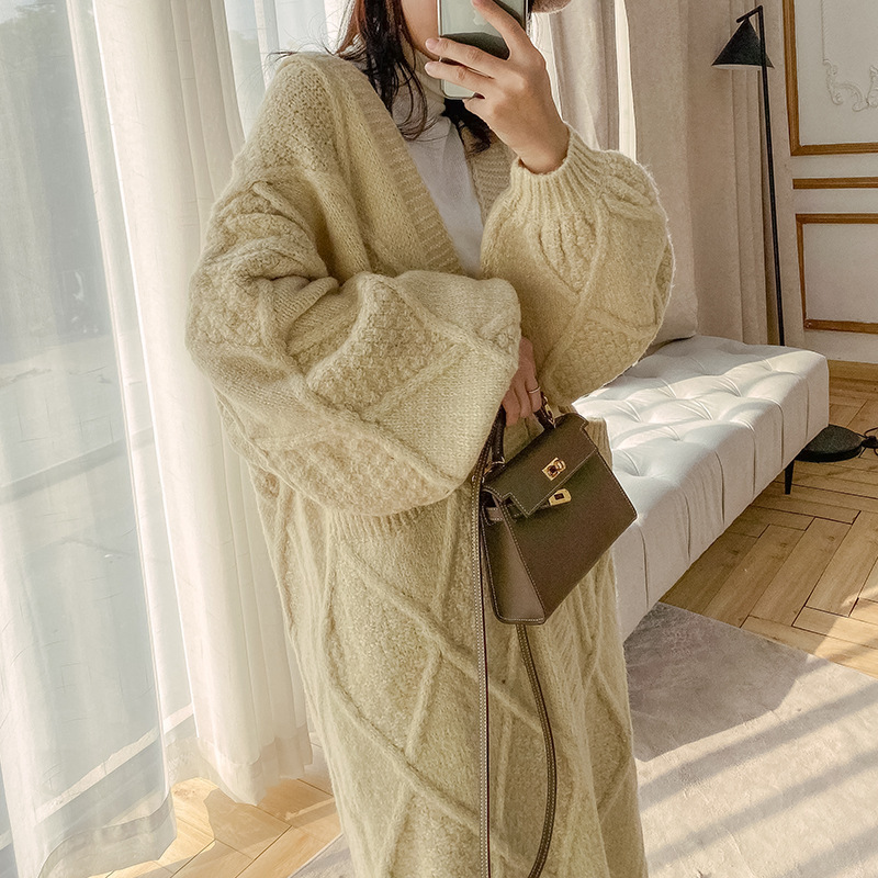 Long Outer Wear Milk Tea Color Thick Pin Sweater Cardigan