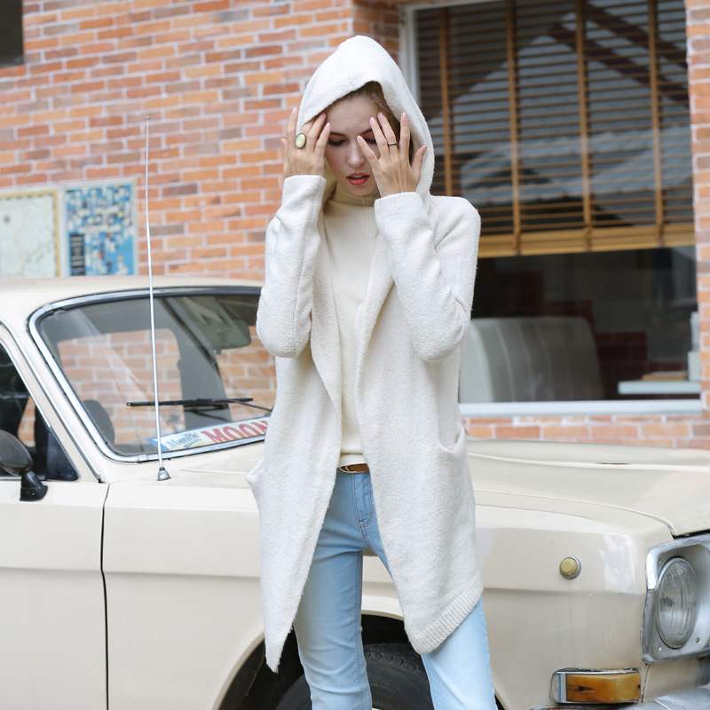 Women's Long Hooded Flat Pocket Knitted Warm Loose Cardigan Autumn And Winter