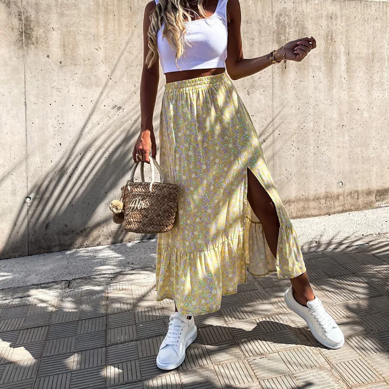 Patchwork Versatile Ruffled Elastic Waist Floral Maxi Dress - Yellow