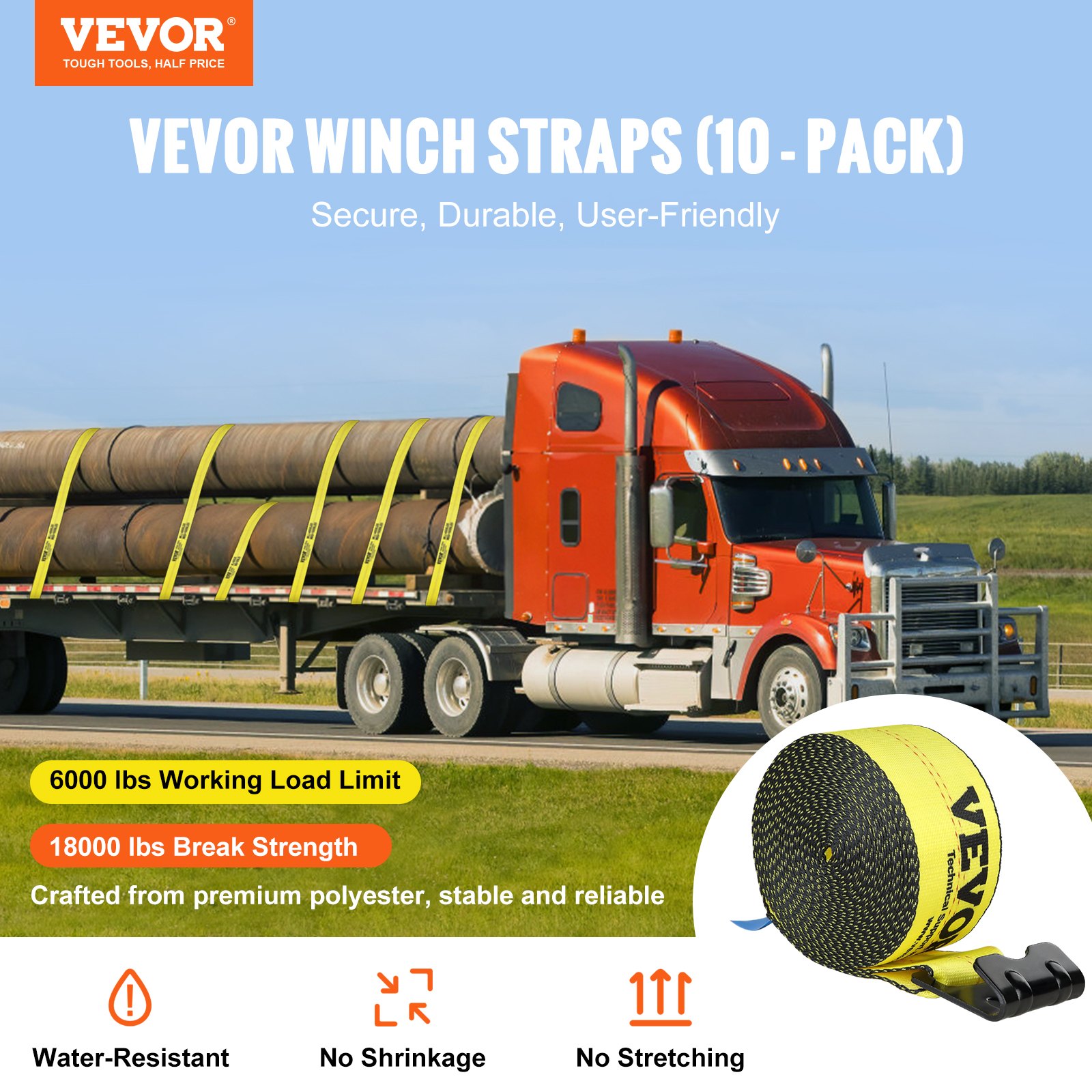 Winch Straps, 6000 Lbs Load Capacity, 18000 Lbs Break Strength, Truck Straps With Flat Hook,... thumbnail 1