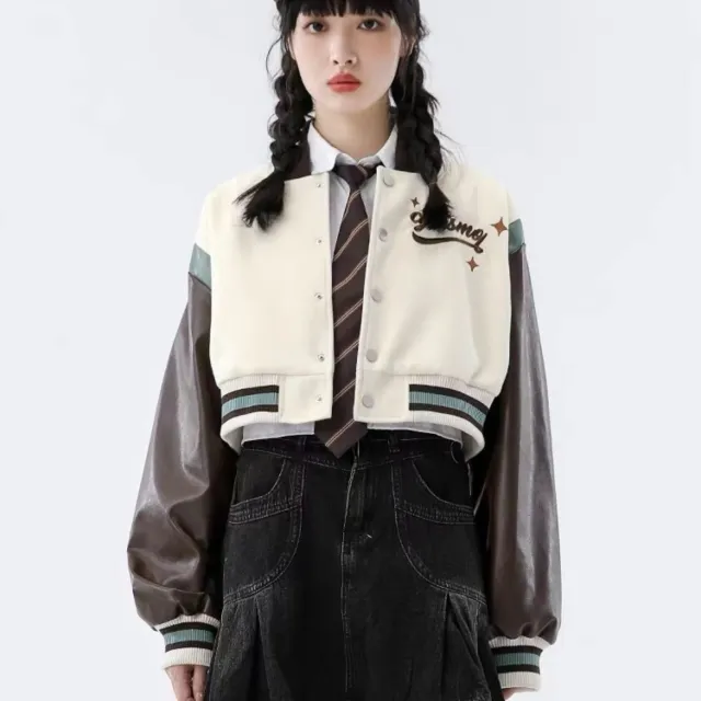 Tide Brand Retro American Rose Letter Embroidery Short Coat Beige - Shop at LoveMi