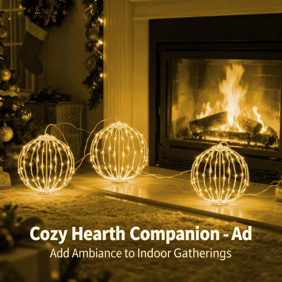 Set Of 3 Christmas Light Balls, 12 In Warm White Hanging Holiday Decor Fold Flat Metal Frames, Indoor Outdoor Use 6