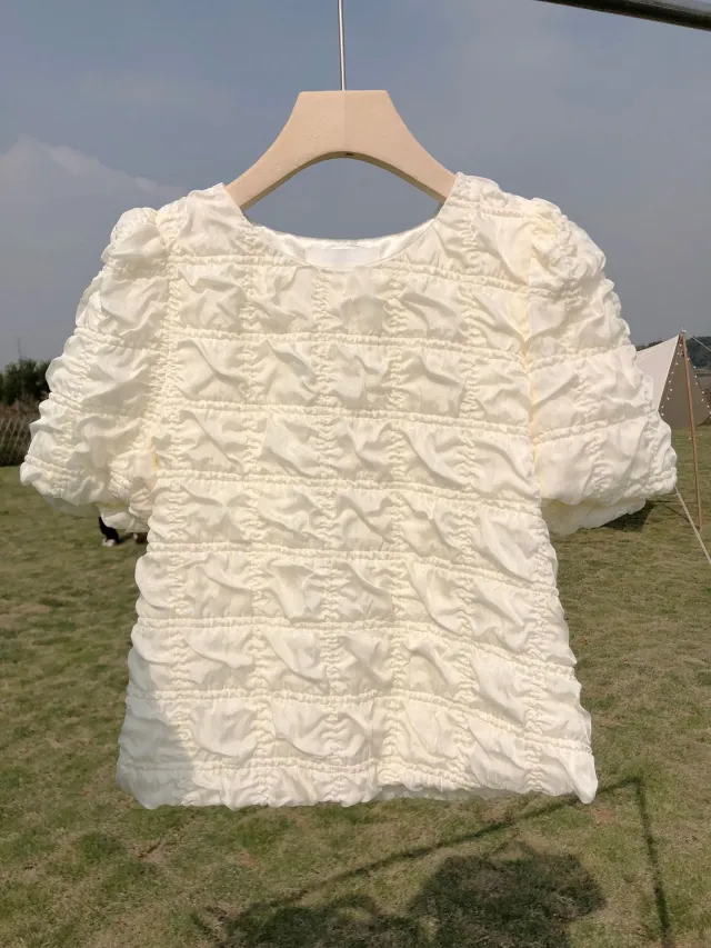 New Product Embossed Round Neck Temperament Short sleeved T shirt Apricot - Shop at LoveMi