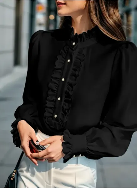 Fashionable Stand up Collar Long sleeved Shirt With Lotus Leaf Hem Black - Shop at LoveMi