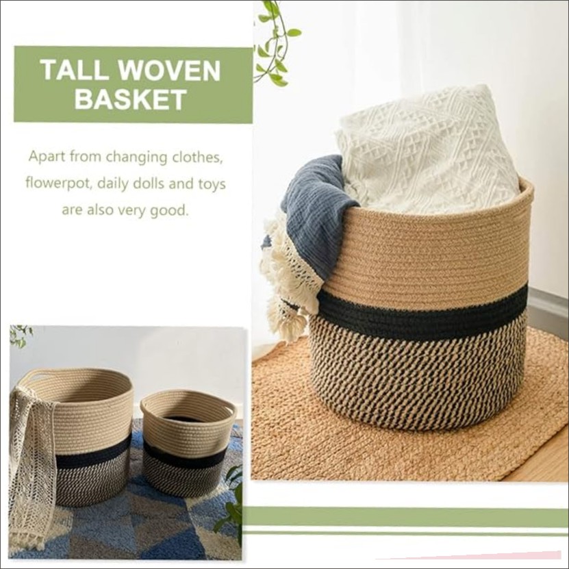 Cotton Woven Storage Basket Hamper. Cotton rope. Household laundry basket-- clothes basket storage organizer whether it is a basket of storage or a basket of plants, it is a beautiful decorative ornament. Indoor clothes basket-- the woven design is more n