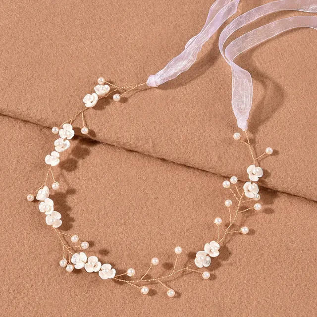 Handmade Pearl Headband With Three Petal Pearl Flowers Gold - Shop at LoveMi