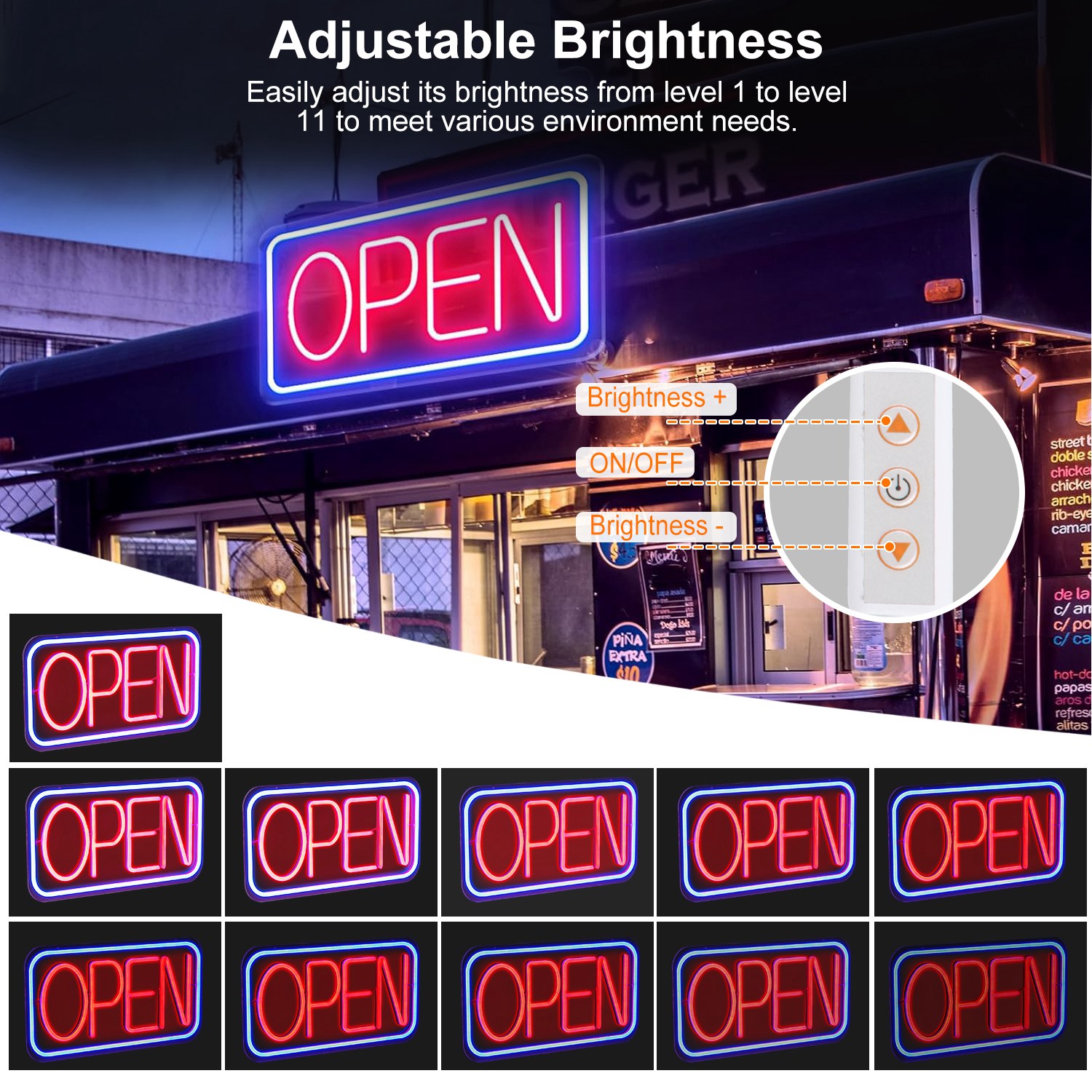 1Pc LED Open Sign 16.5x9.1in Business Neon Open Sign Advertisement Board With 11 Levels Adjustable Brightness