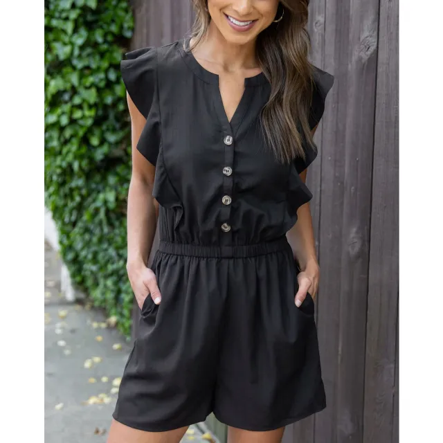 Casual Ruffle Sleeve Jumpsuit At Home Black - Shop at LoveMi
