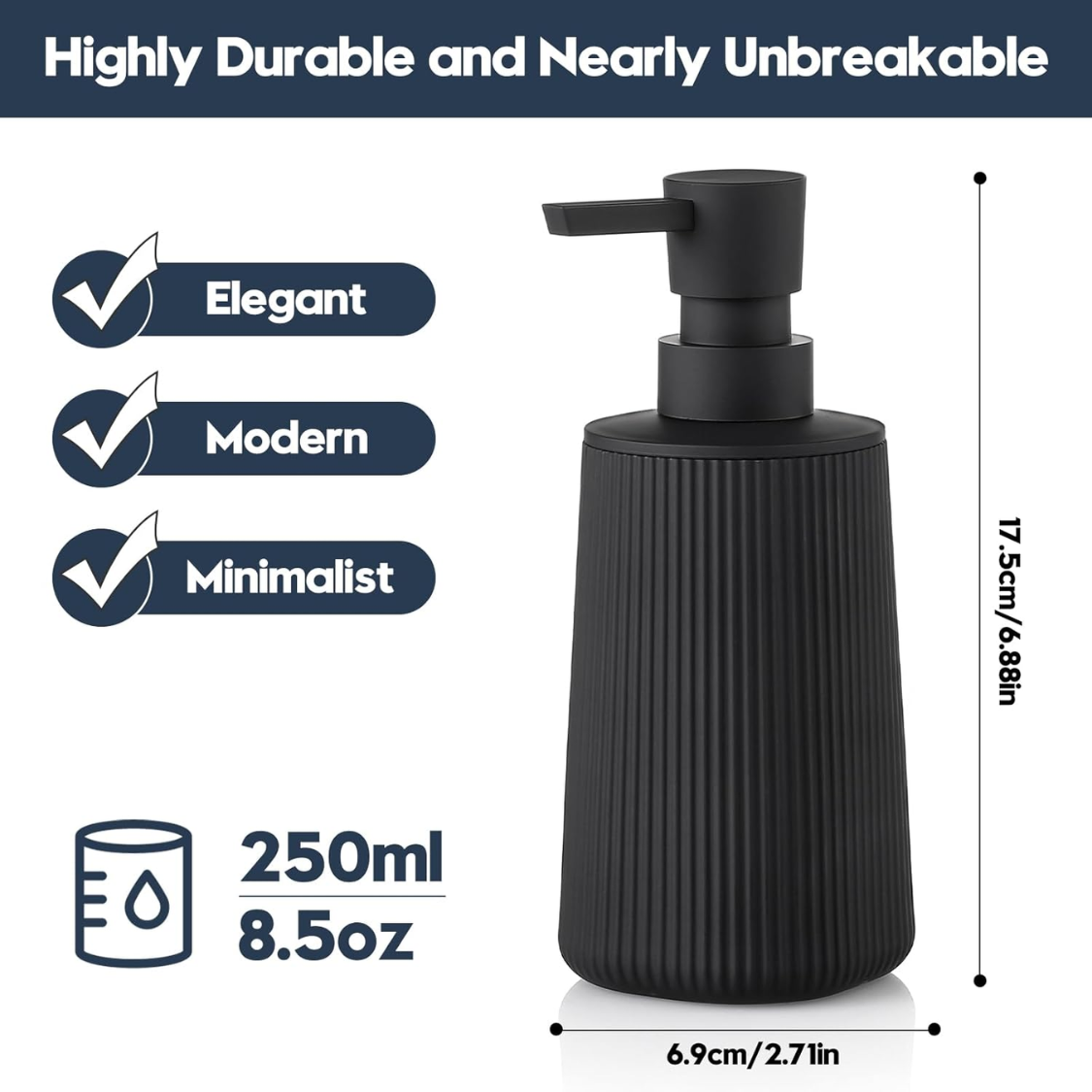 Small Soap Dispenser For Bathroom And Kitchen Modern Farmhouse Striped Style Plastic Hand Soap Dish Soap Dispenser With Pump Matte Black 3