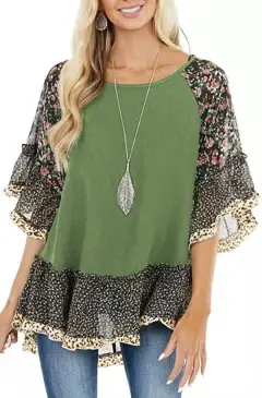 Women's Doll Sleeve Colourblock Leopard Floral Print T-Shirt - Fruit Green - View 1