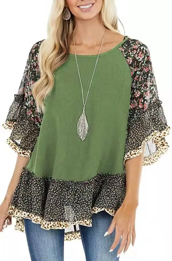 Women's Doll Sleeve Colorblock Leopard Floral Print T Shirt Fruit Green - Shop at LoveMi
