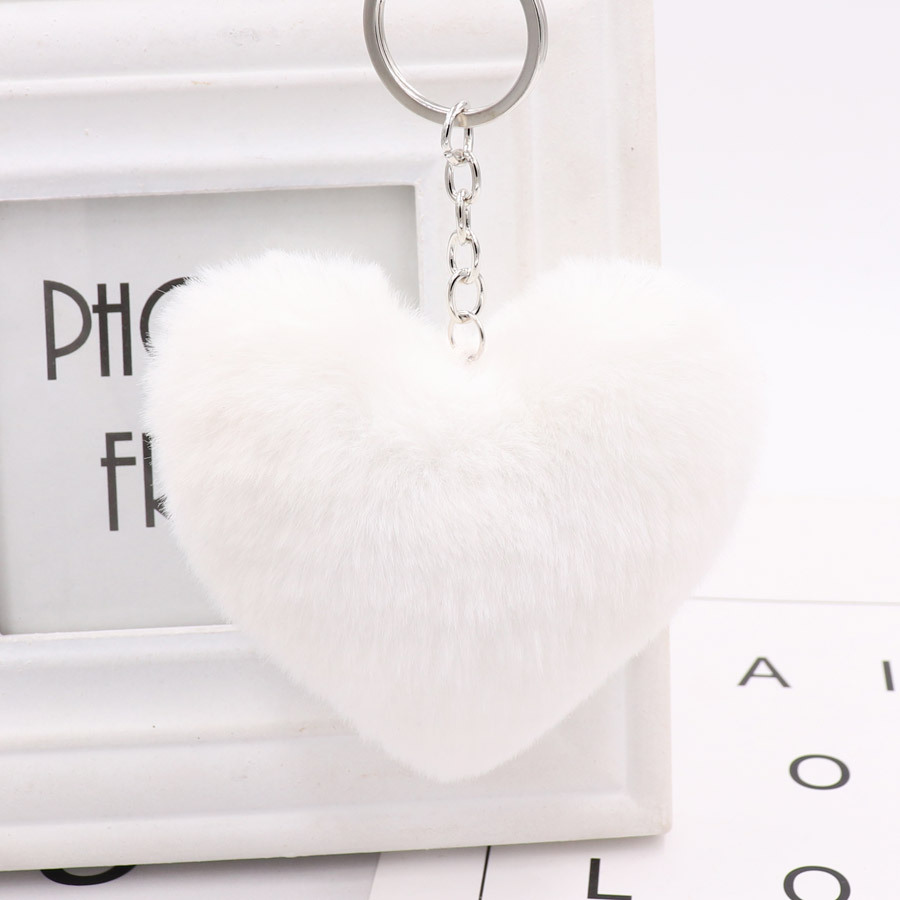Heart shaped Fur Ball Keychain Rex Rabbit Plush Car Pendant White - Shop at LoveMi