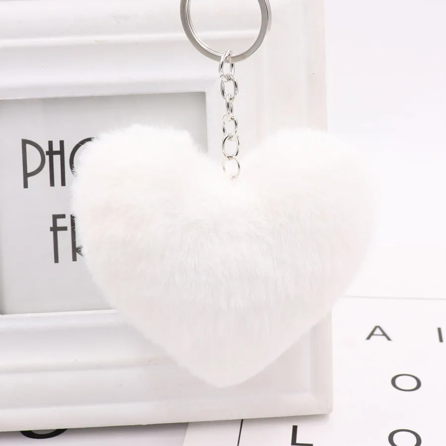 Heart-shaped Fur Ball Keychain Rex Rabbit Plush Car Pendant - White