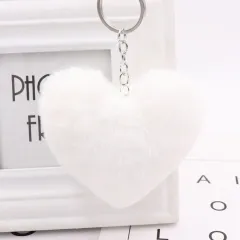 Heart-shaped Fur Ball Keychain Rex Rabbit Plush Car Pendant - White - View 1