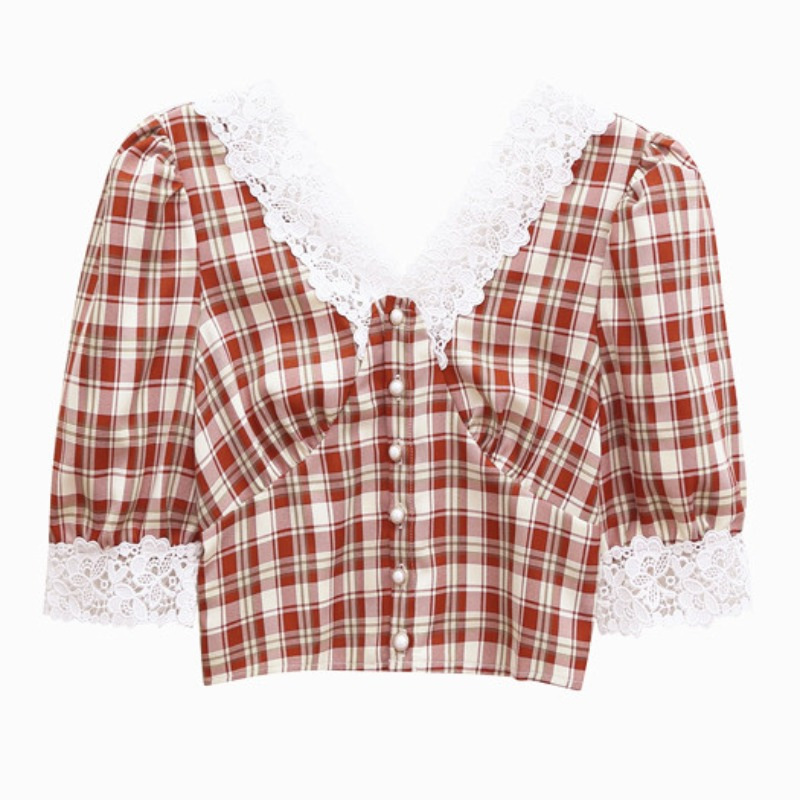 Title 3, Vintage rood geruite shirt dames, korte top met...