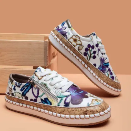 Ethnic Style Printed Flats Shoes Casual Side Zip Slip-on Shoes Loafers Women - Purple